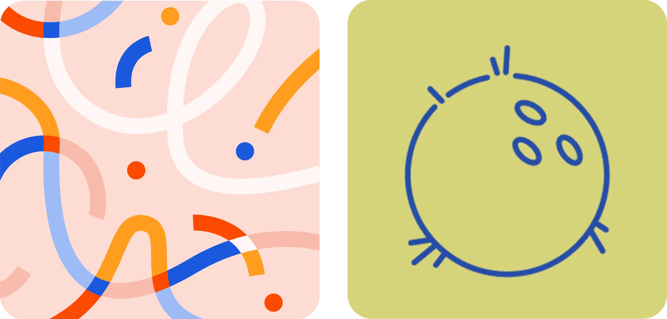 A two-panel image shows an abstract design of white, blue, orange, and red curving lines and dots on a pink background, next to a blue line drawing of a coconut icon on a lime green background.