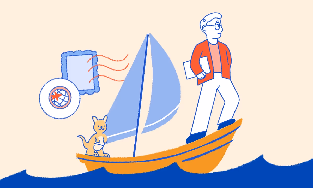 Illustration of a person standing on a sailboat holding papers, with a cat on board and icons of a globe and a postcard floating nearby.