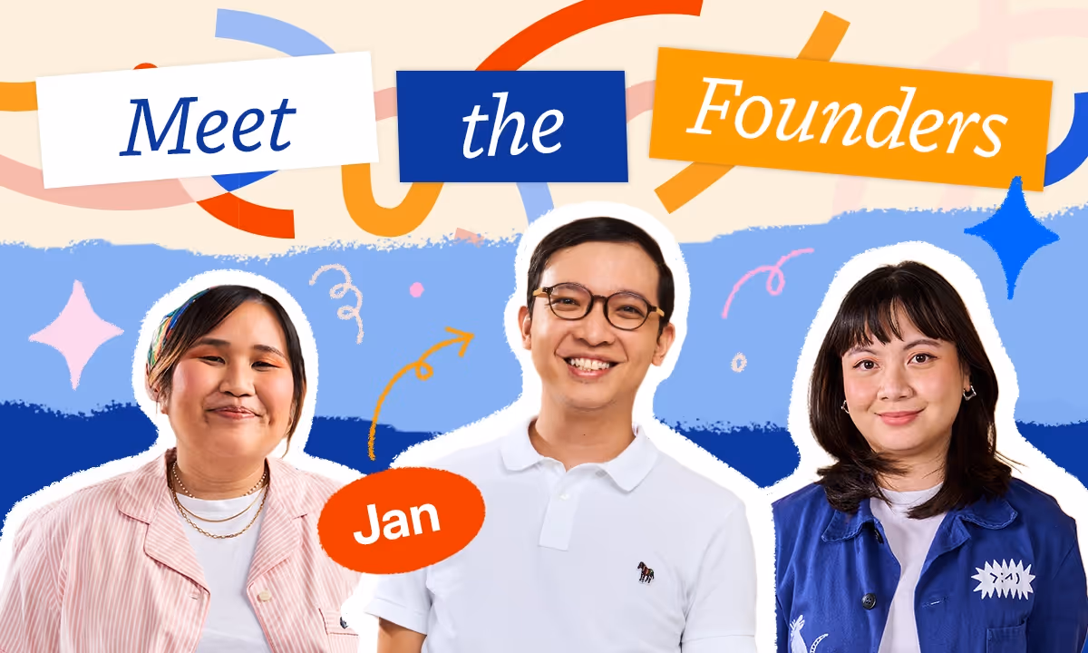 Banner titled 'Meet the Founders' featuring three smiling people, with the person in the center labeled Jan.