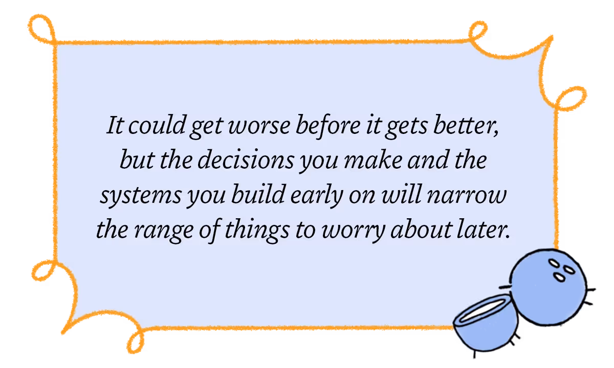 Quote inside a blue box with an orange border that reads, 'It could get worse before it gets better, but the decisions you make and the systems you build early on will narrow the range of things to worry about later,' with an illustration of two blue buttons at the bottom right corner.
