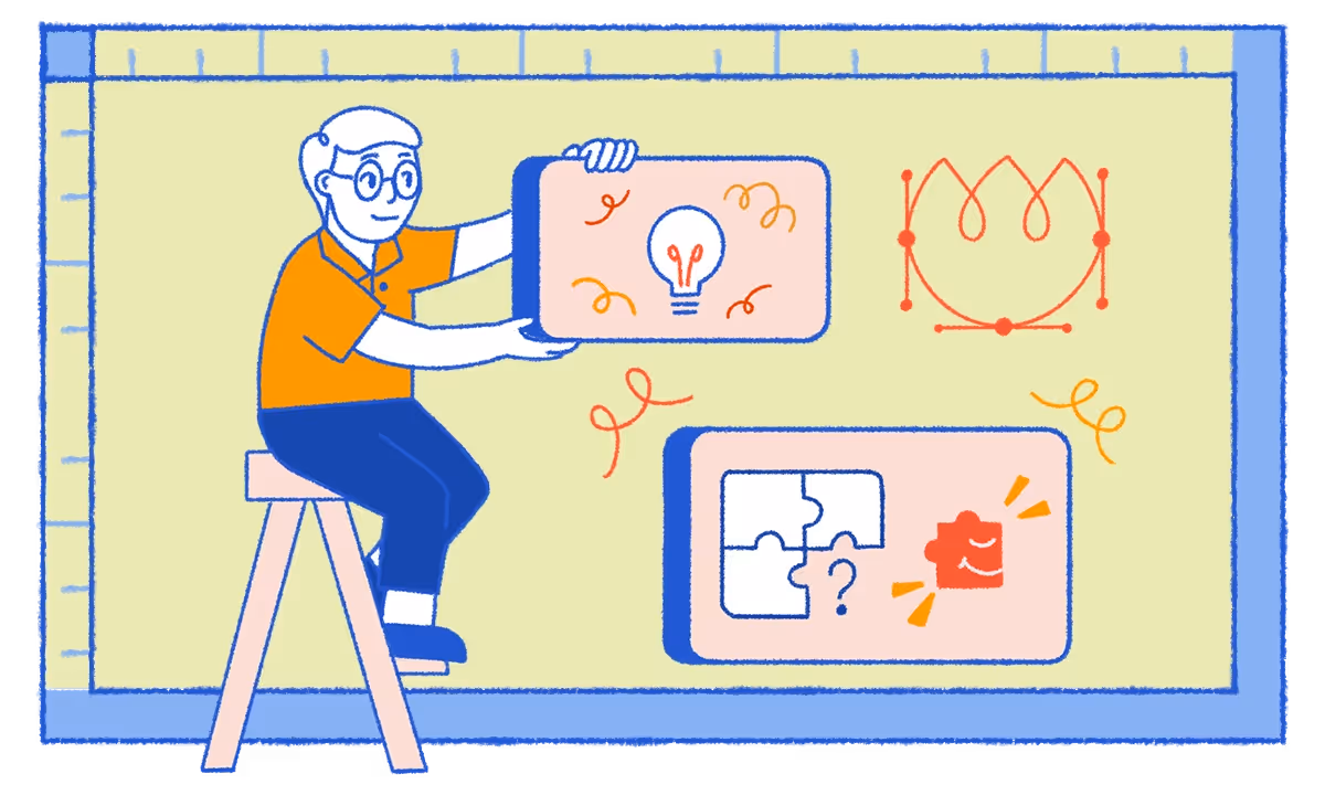 Illustration of a person sitting on a stool holding a board with a lightbulb, next to another board with puzzle pieces, inside a design-themed background.