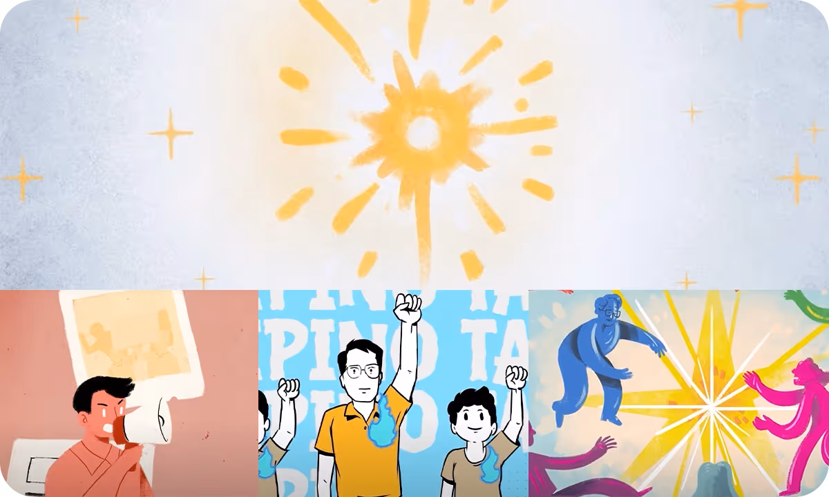 A colorful cartoon image shows a large central yellow starburst above three panels featuring figures shouting into a megaphone, raising their fists, and leaping around a starburst design.