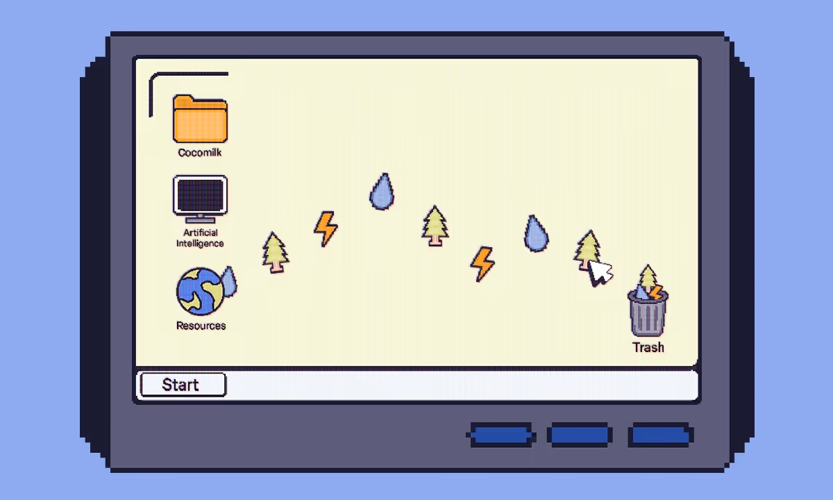 Illustration of a retro computer screen with folders and icons for Cocomilk, Artificial Intelligence, Resources, and Trash.