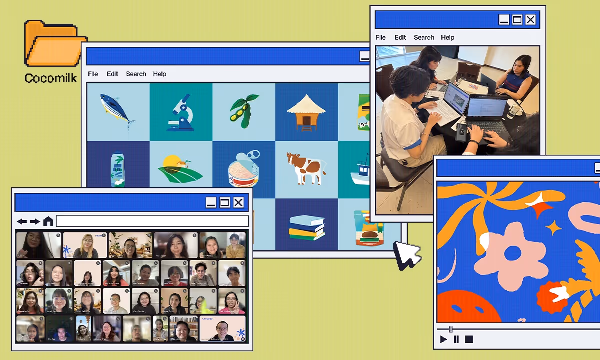 Collage of digital windows showing icons, a group video call, people working on laptops, and a colorful pattern.
