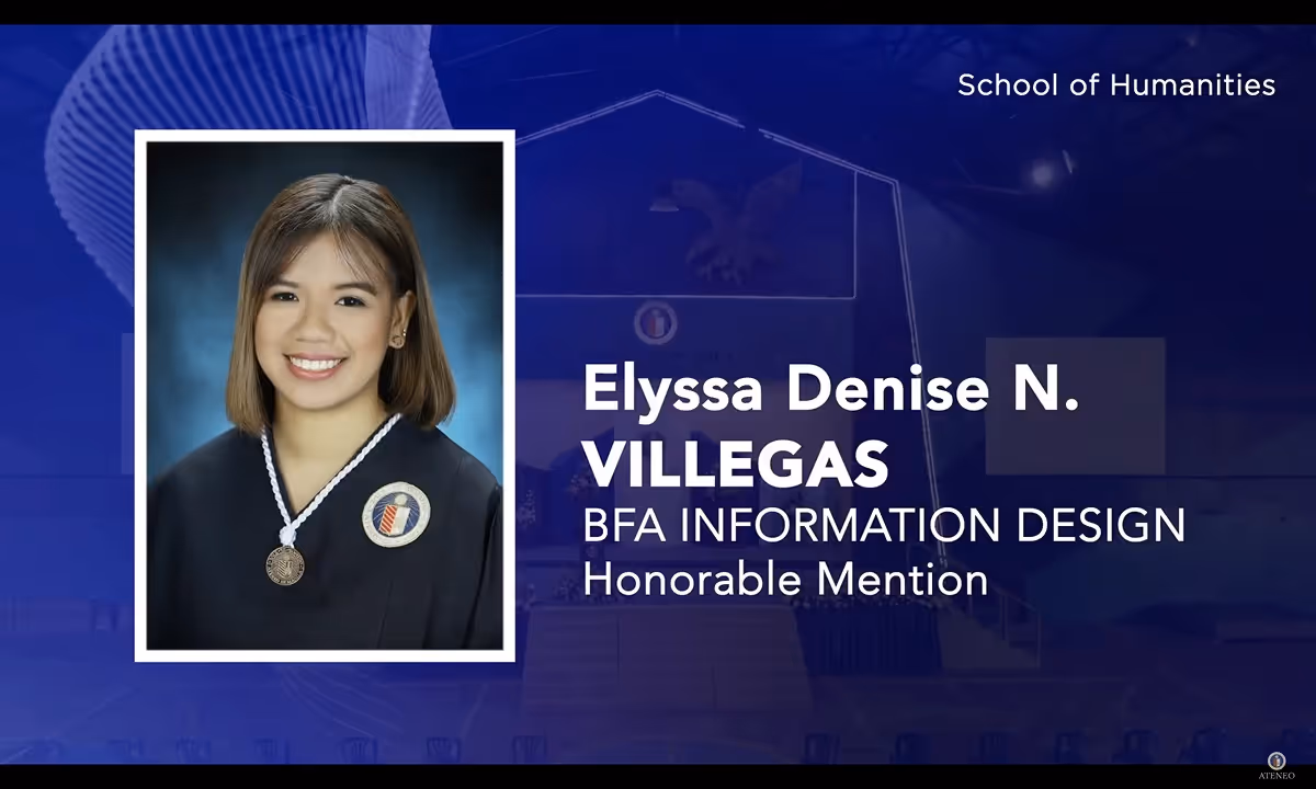 A slide presentation shows a graduation photo of Elyssa Denise N. Villegas in a toga and smiling next to text confirming she received Honorable Mention for a BFA in Information Design from the School of Humanities.