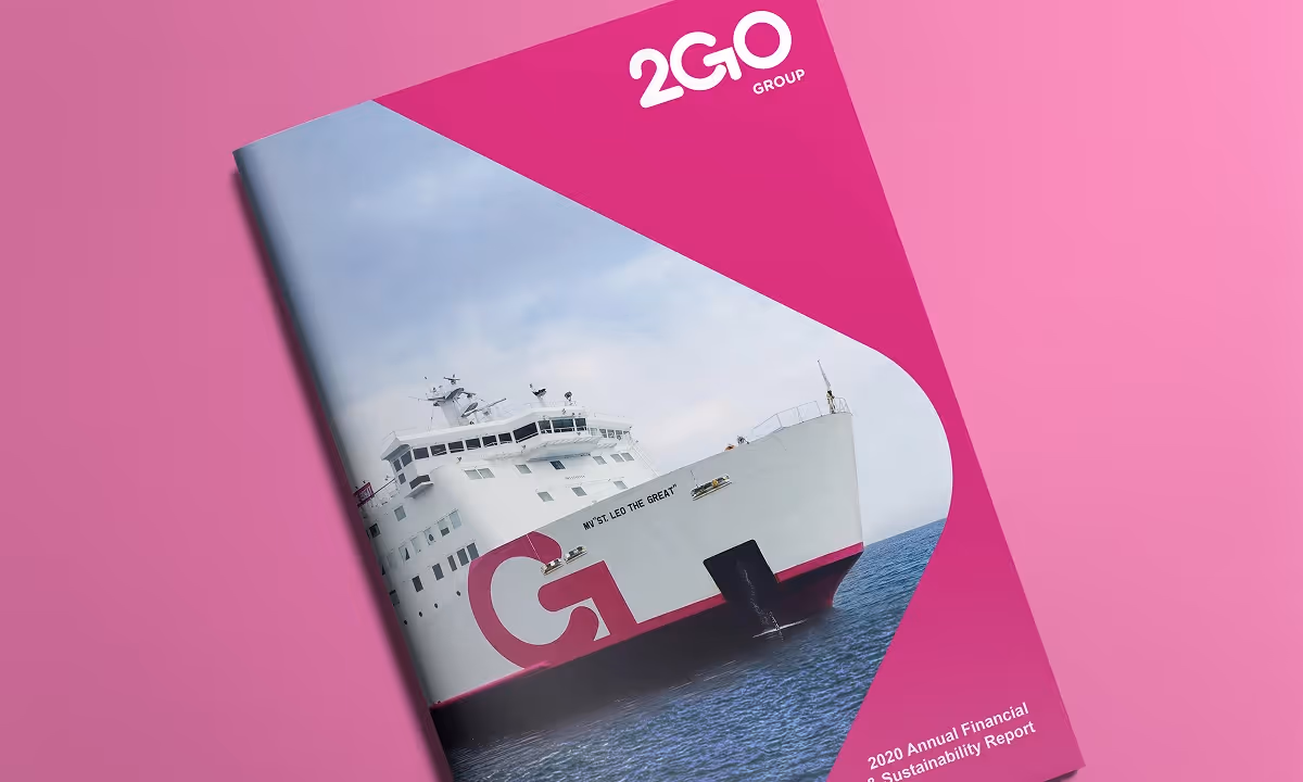 The cover of the 2GO Group 2020 Annual Financial & Sustainability Report featuring a large ship.