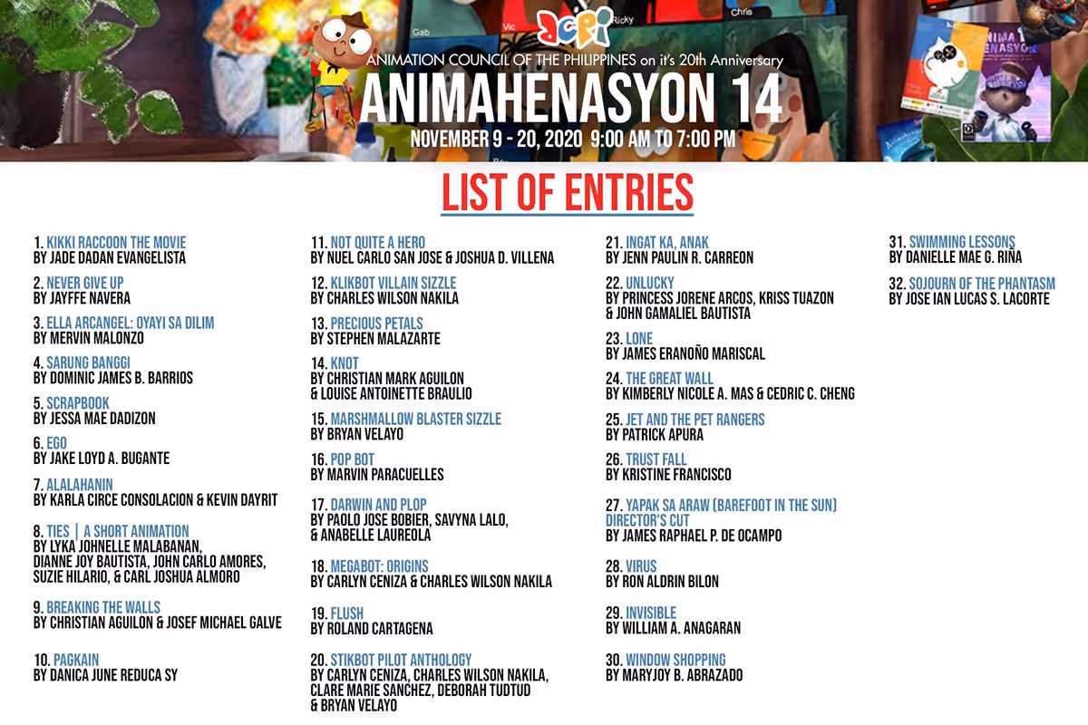 A large poster advertises the Animation Council of the Philippines' 20th Anniversary ANIMAHENASYON 14 event (November 9-20, 2020) and lists 31 entries.