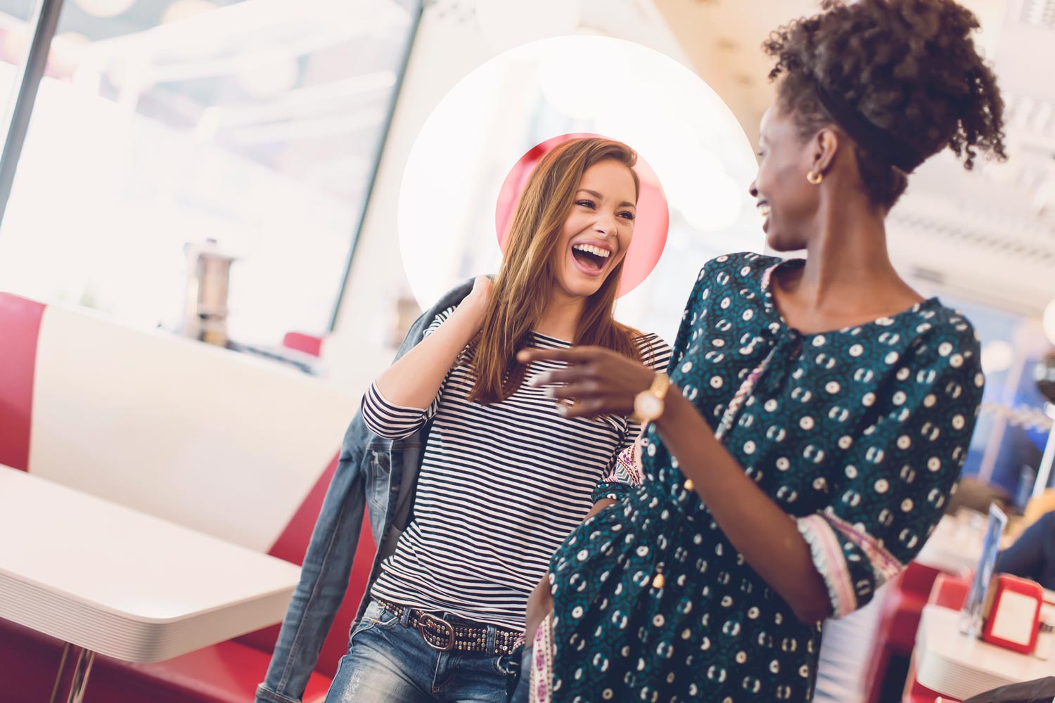 Image showing to people smiling and talking to each other while walking away from a casual meeting
