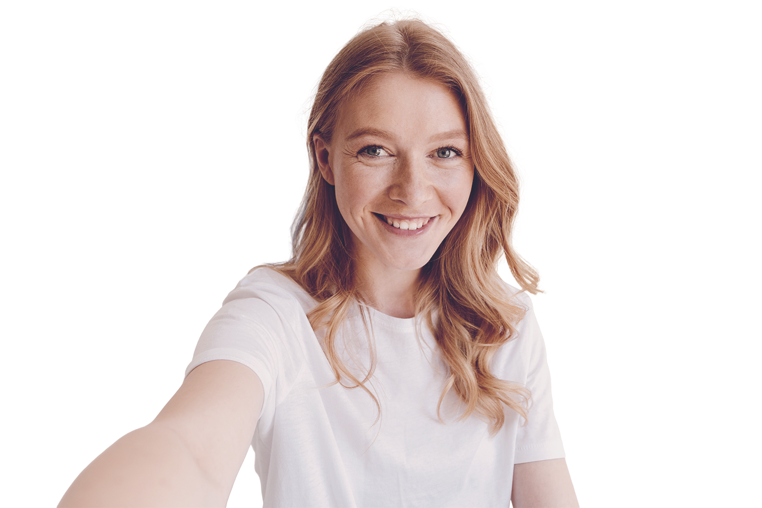 An isolated photo of a light skinned female with ginger hair, smiling directly at the camera.