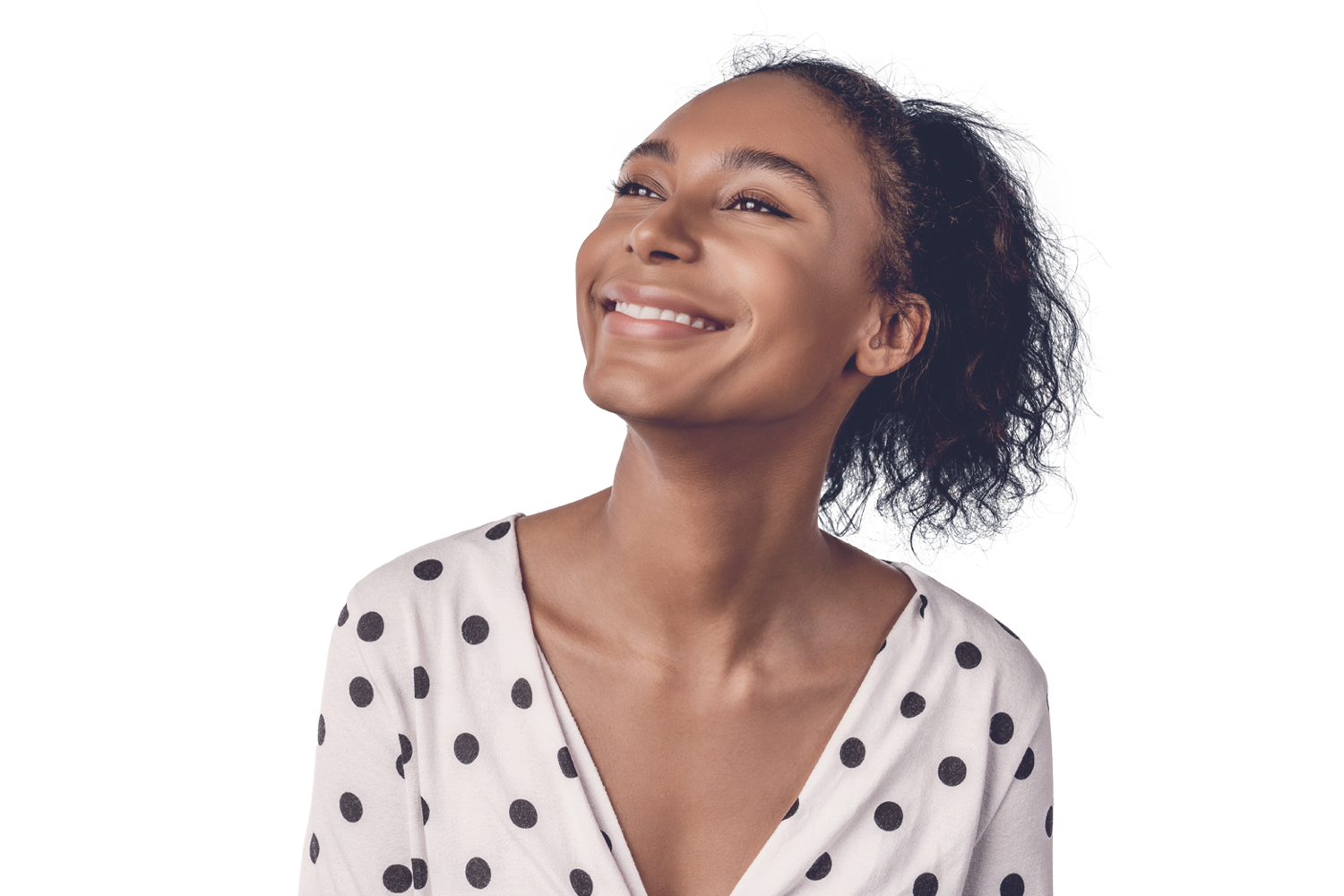 An isolated photo of a dark skinned female with black hair, smiling.