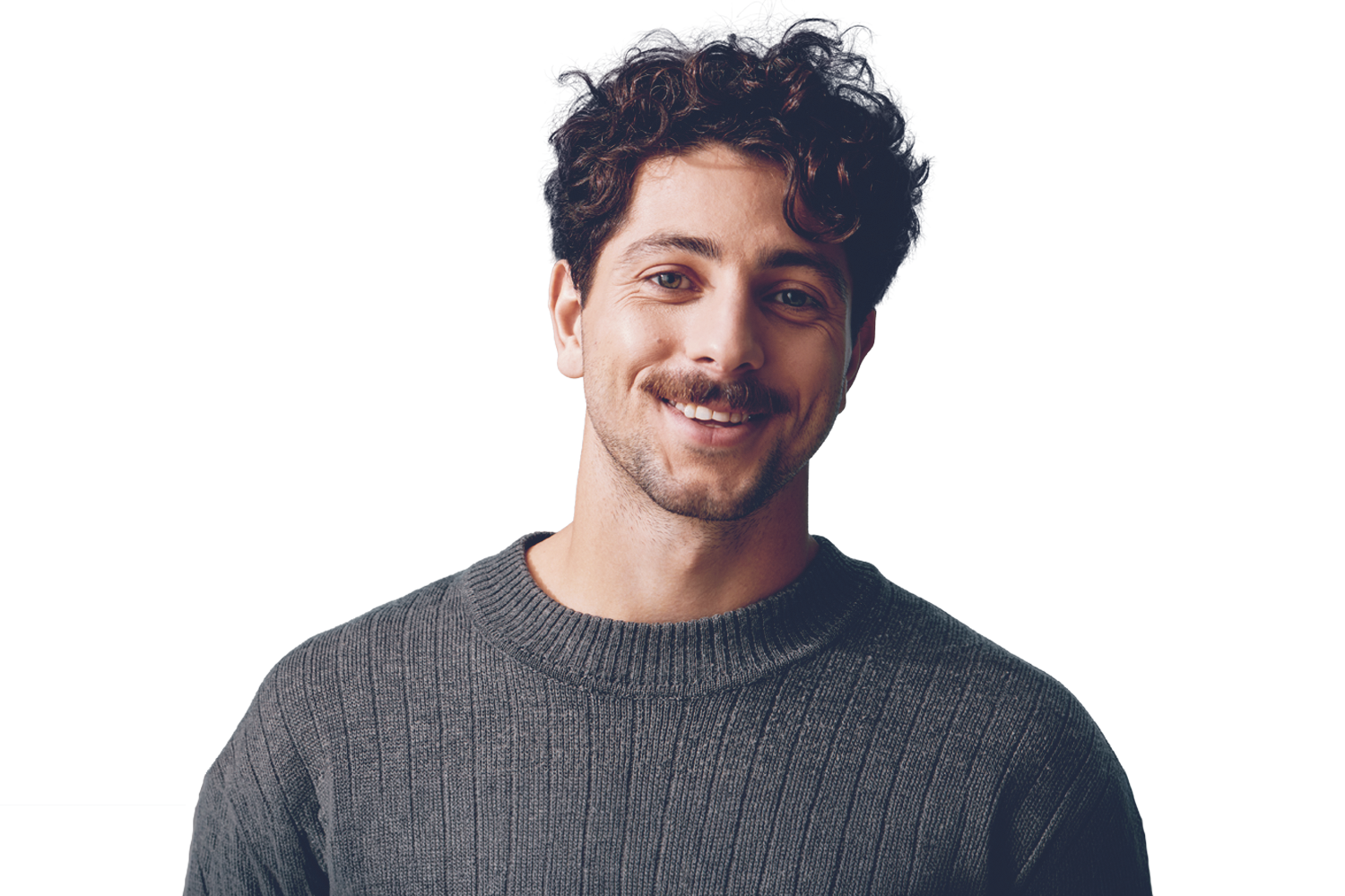 An isolated photo of a 30-40 year old male with dark hair, smiling.