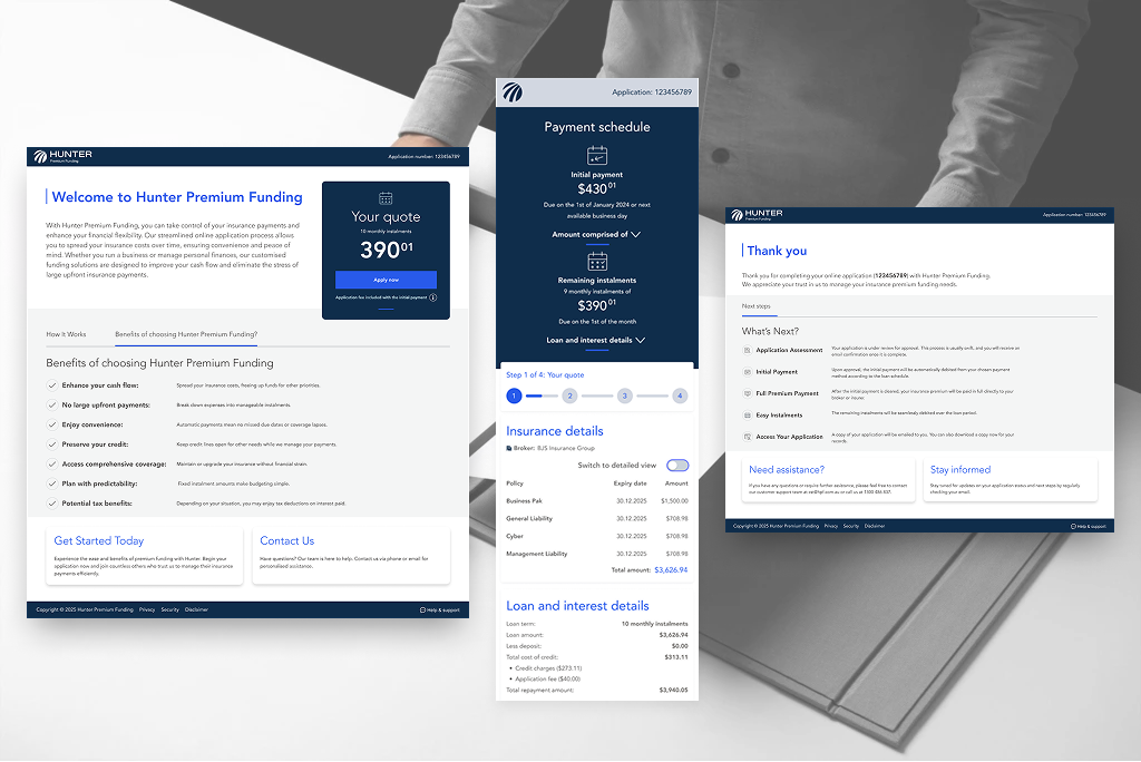 Three screens of Hunter Premium Funding app showing welcome page with benefits, payment schedule details including insurance and loan info, and thank you page with next steps.