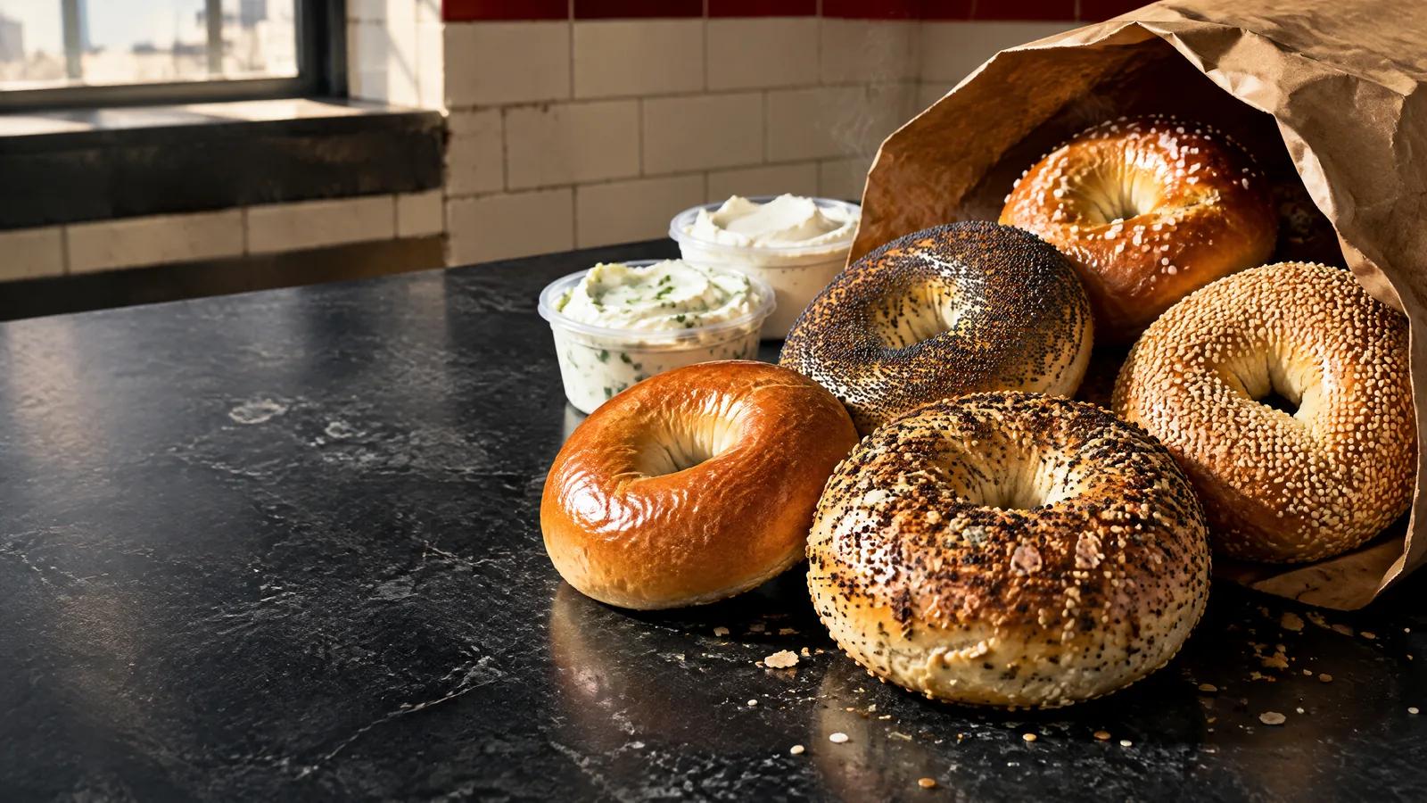 Fresh plain, poppy seed, everything, salt, and sesame bagels spilling from a paper bag beside schmear