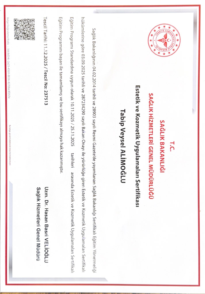Scan of Dr. Veysel Alimoğlu’s certificate in aesthetic and cosmetic procedures