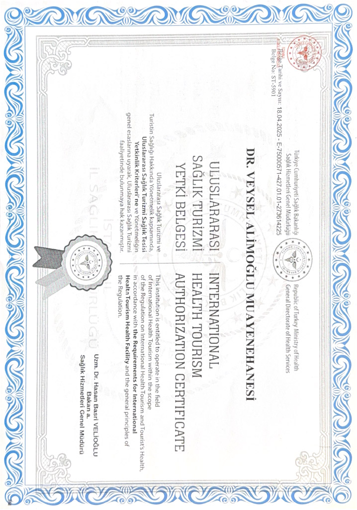 Scan of the international health tourism authorization certificate for Dr. Veysel Alimoğlu’s practice