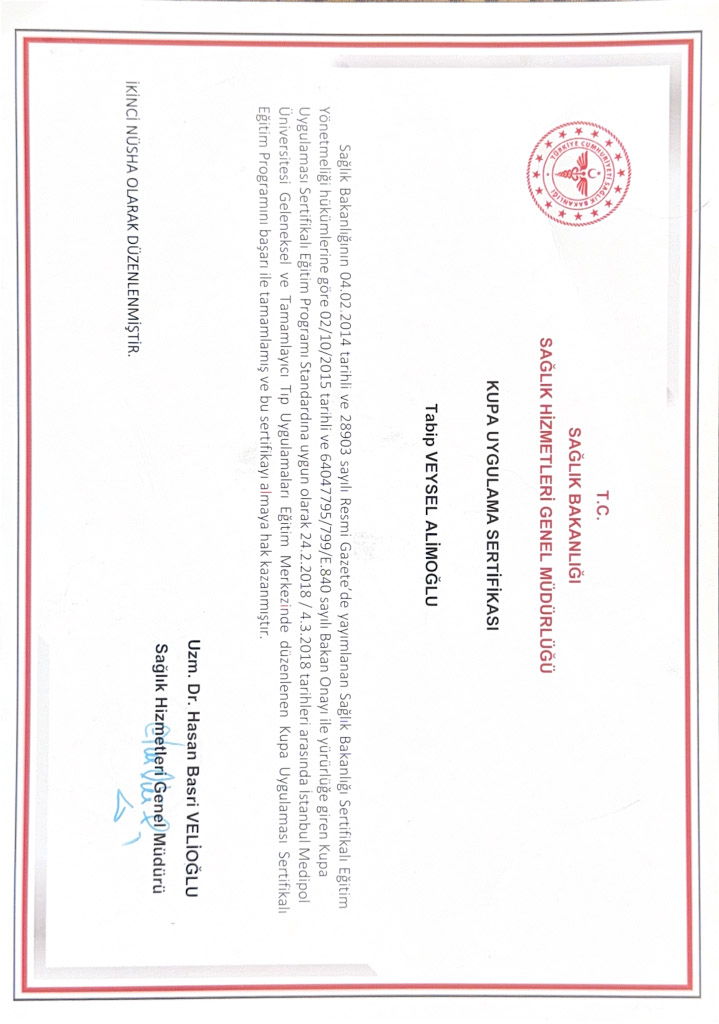 Scan of Dr. Veysel Alimoğlu’s cupping application certificate