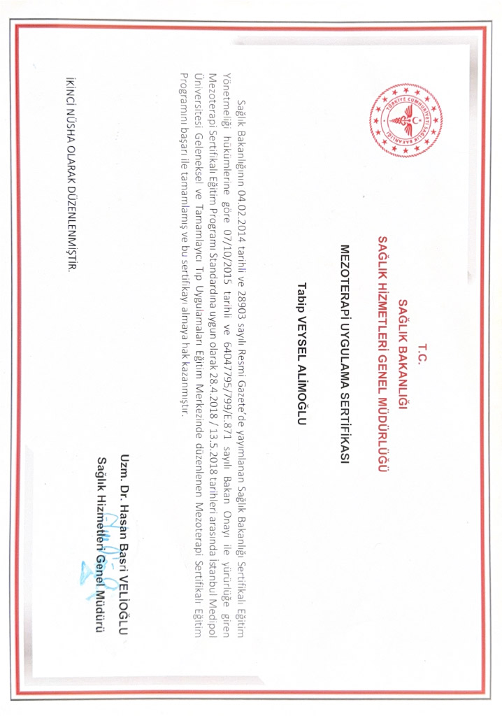 Scan of Dr. Veysel Alimoğlu’s mesotherapy application certificate