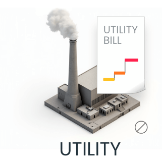 Industrial factory with a tall smokestack emitting smoke next to a utility bill icon with ascending colored bars.