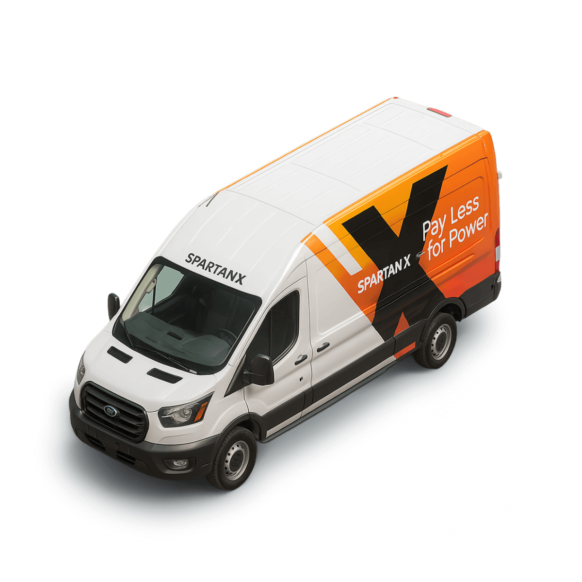 White delivery van with orange and black SpartanX branding and slogan 'Pay Less for Power' on the side.