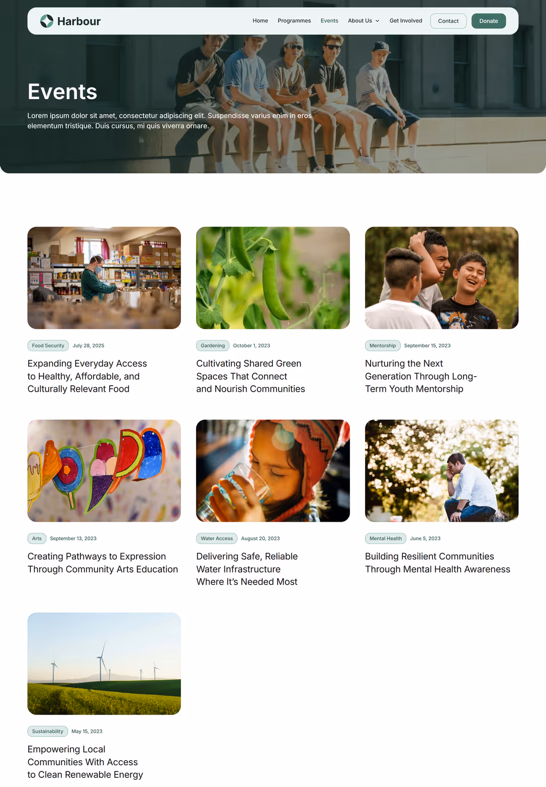 Mockup of the events landing page