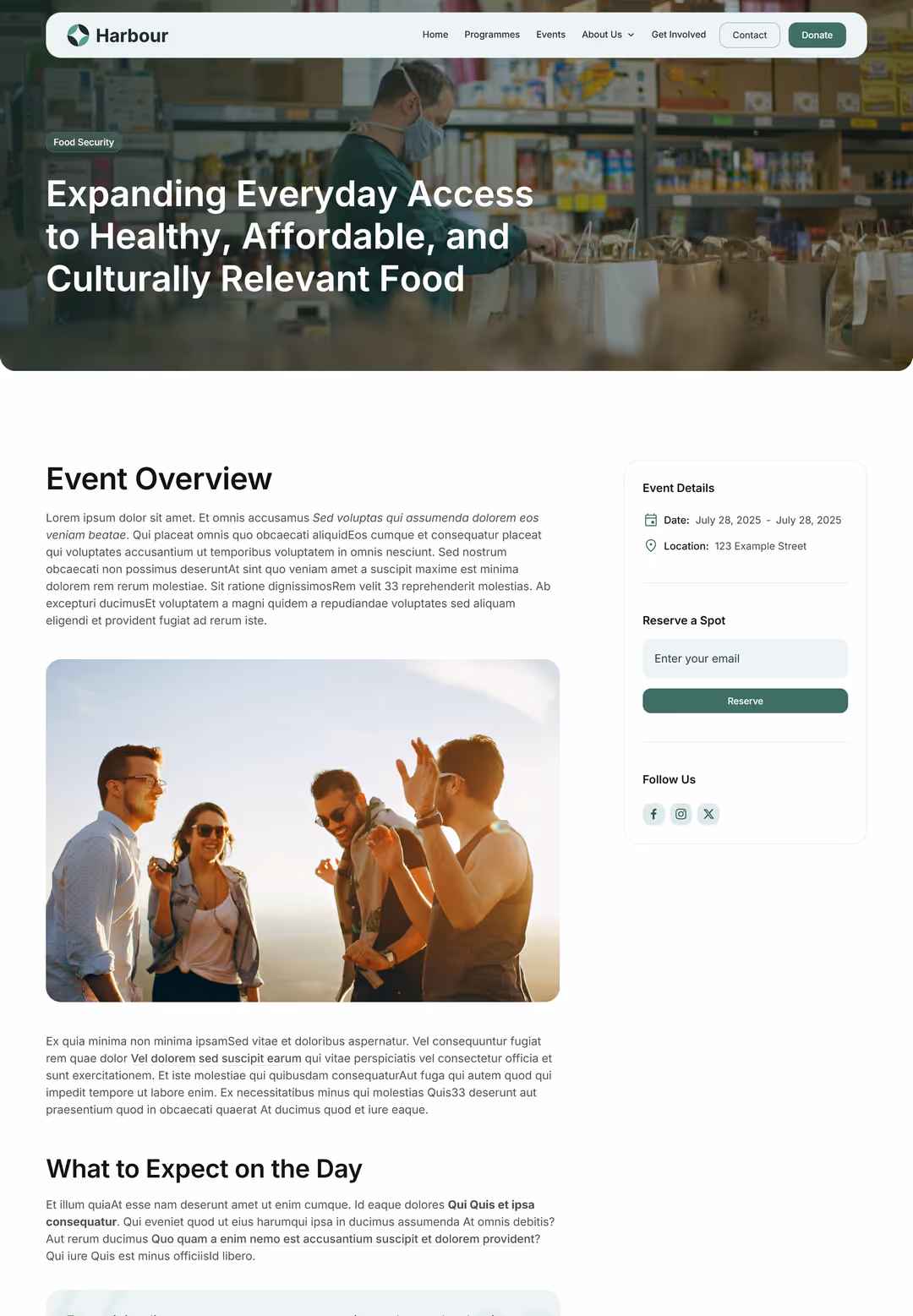 Mockup of the events template page