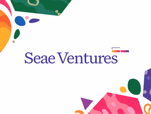 Logo of Seae Ventures with colorful abstract shapes in the corners on a white background.