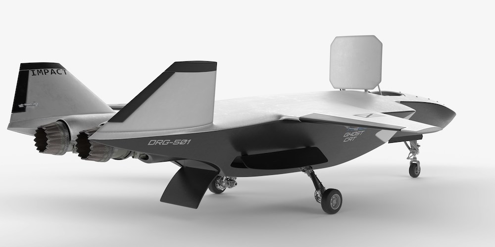 Sleek black and white drone aircraft with twin jet engines and a rear vertical stabilizer labeled IMPACT, DRG-501, and GHOST CAT.