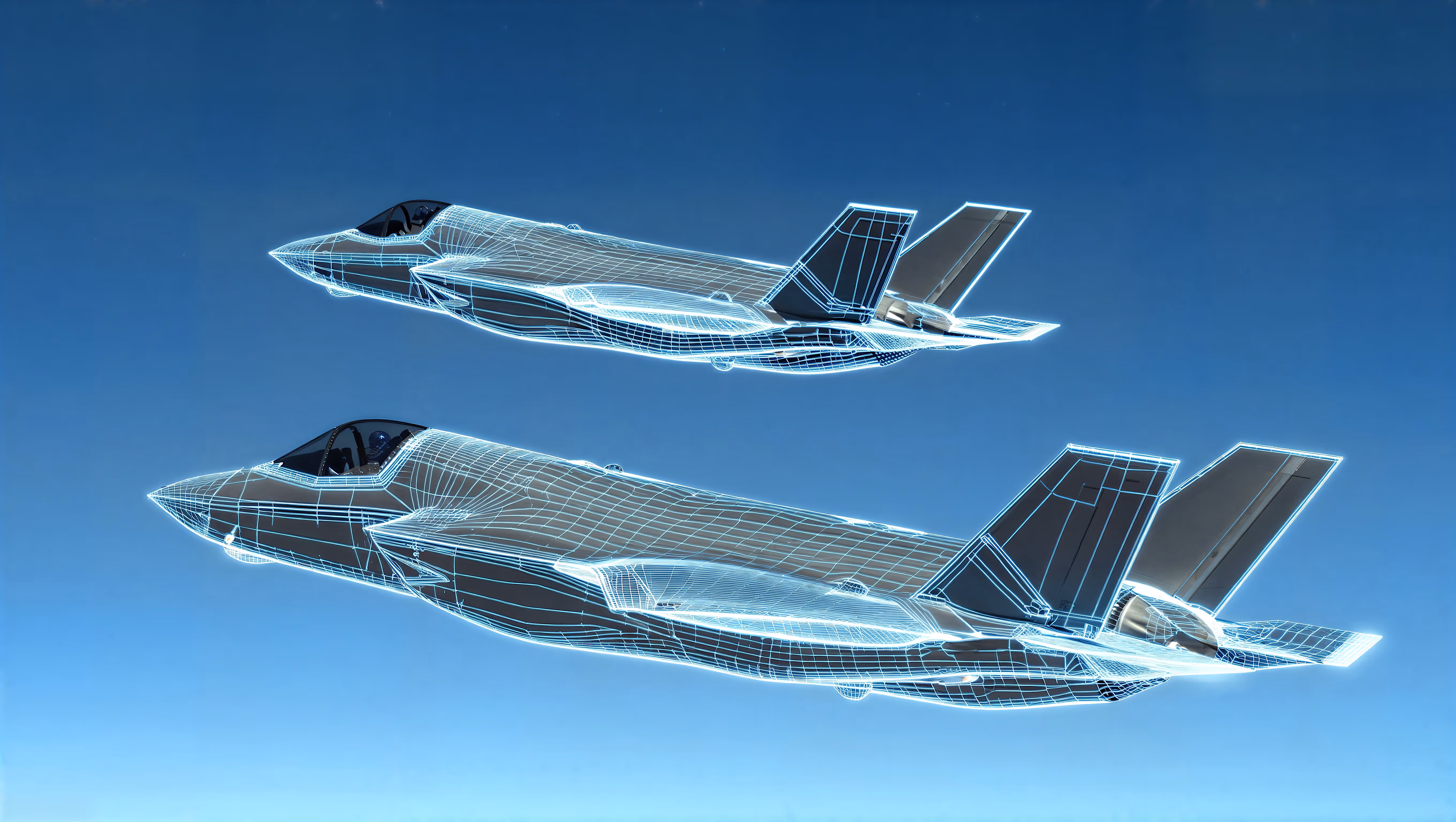 Two modern fighter jets overlaid with blue digital wireframe models against a clear blue sky.