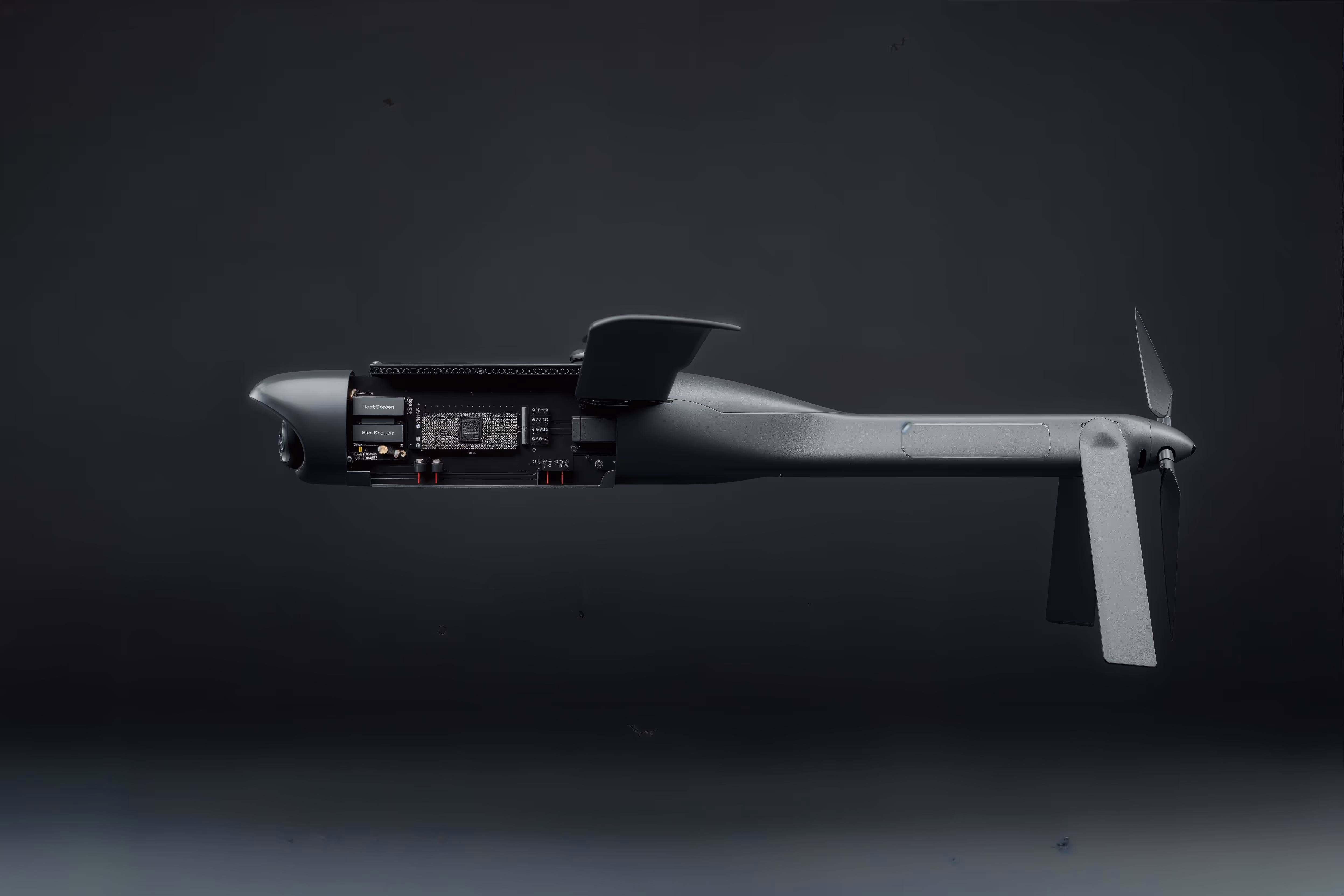 Side view of a sleek drone with an open compartment revealing electronic components and dual propellers at the rear.