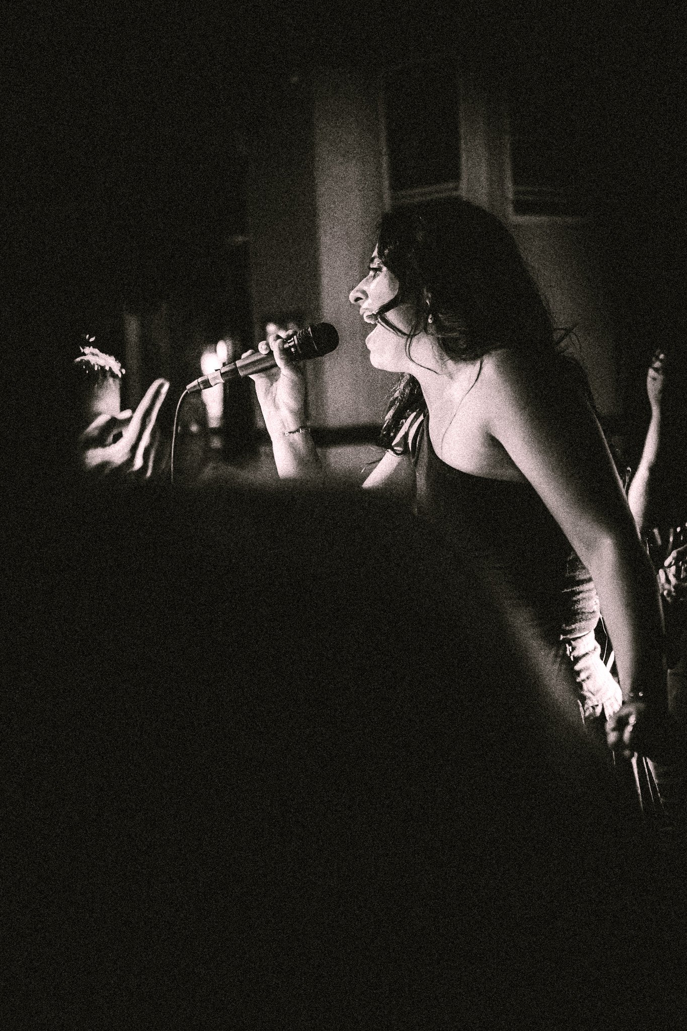 Side view of a woman passionately singing into a microphone in a dimly lit setting. LUXE 