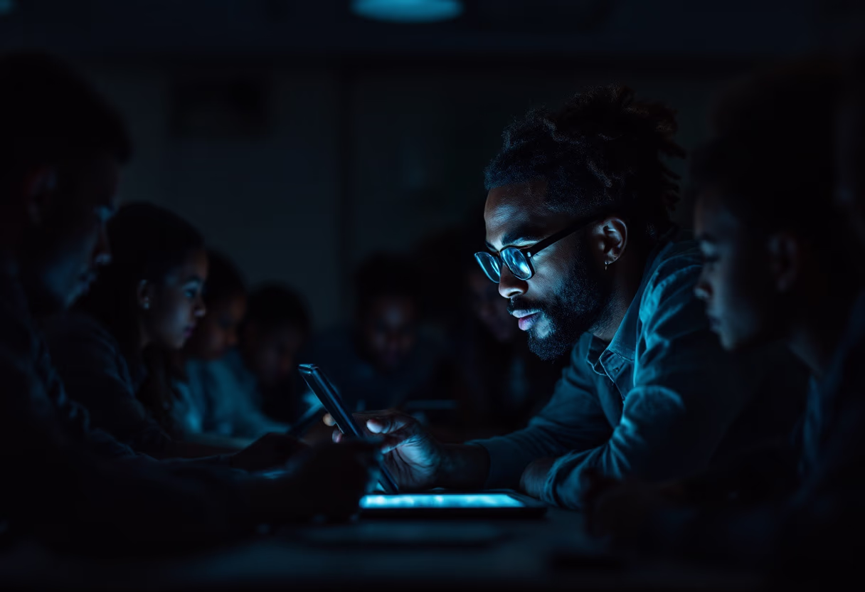 image of a teacher interacting with students using digital tools (for an edtech)