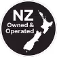 Badge with text 'NZ Owned & Operated' and a map outline of New Zealand inside a circle.