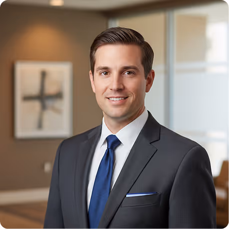 Smiling man in a dark suit with a blue tie standing indoors with blurred background.