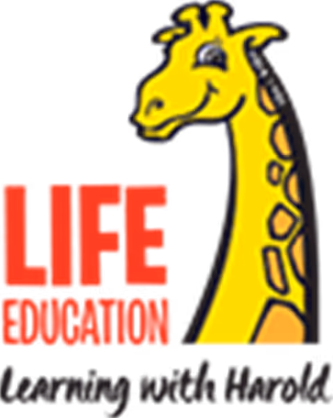 Logo with a smiling yellow giraffe head and neck beside the red text 'LIFE EDUCATION.'