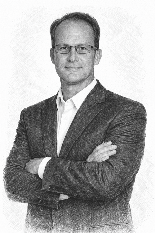 sketched image of man looking at camera with arms crossed