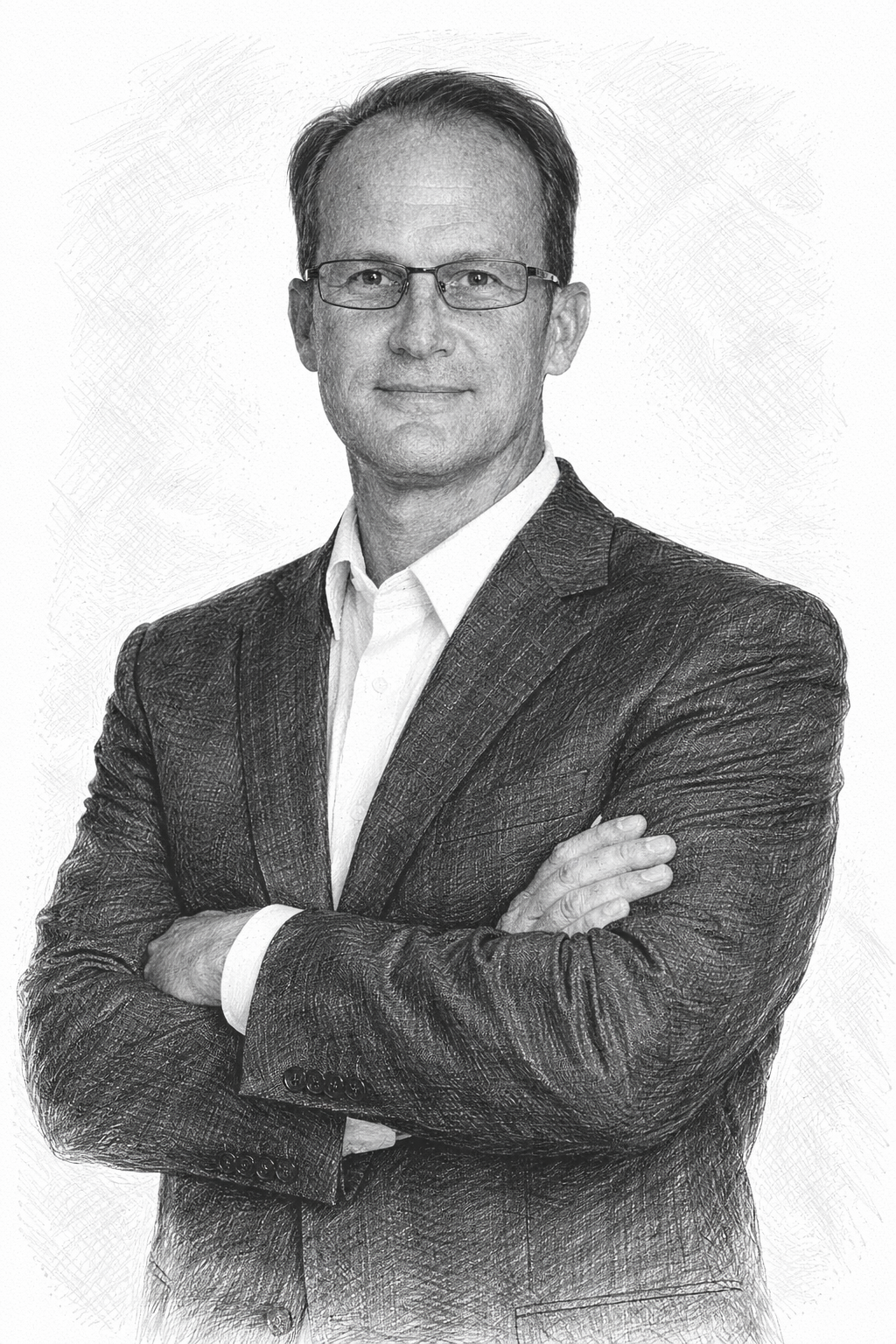 sketched image of man looking at camera with arms crossed