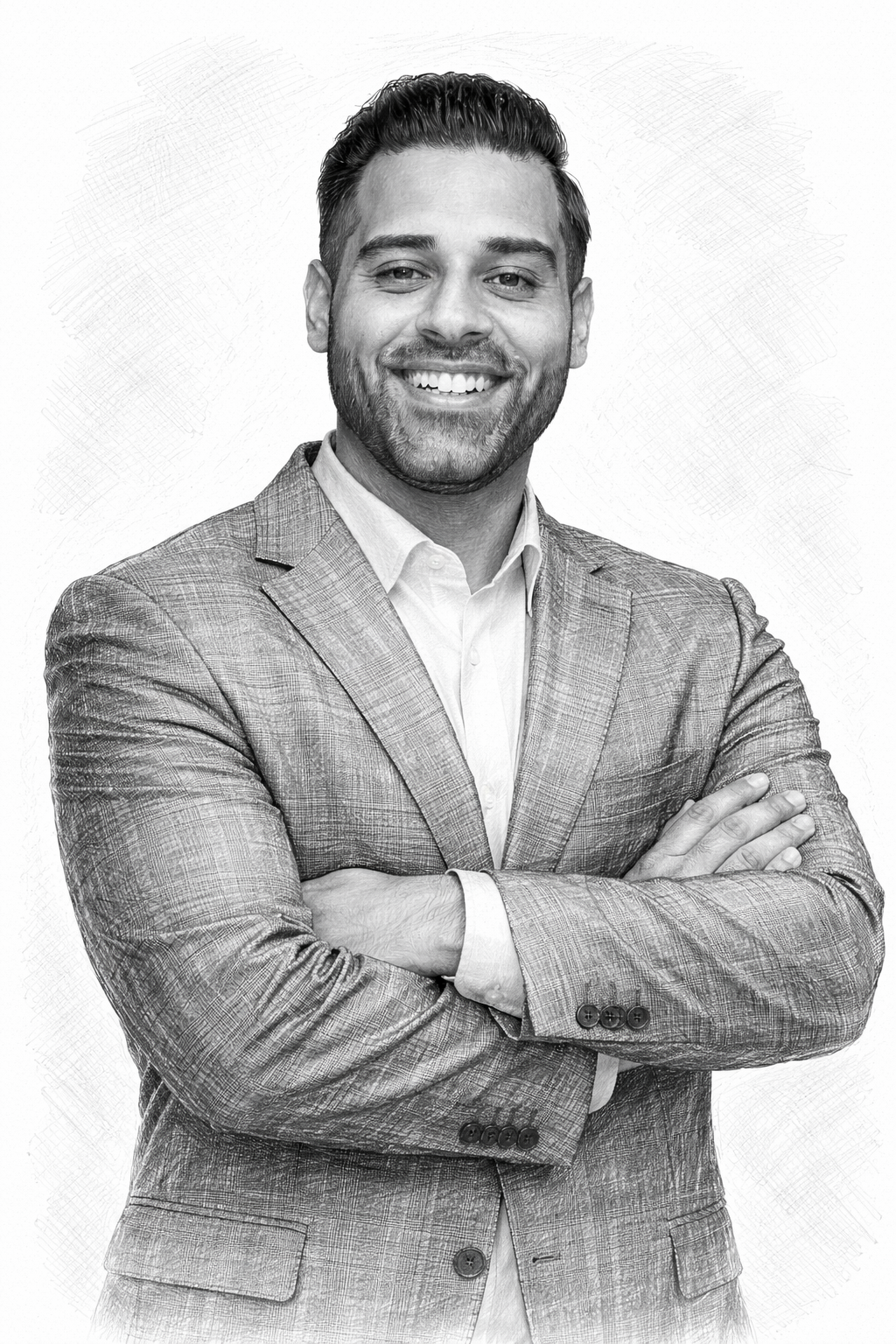 sketched image of man looking at camera with arms crossed