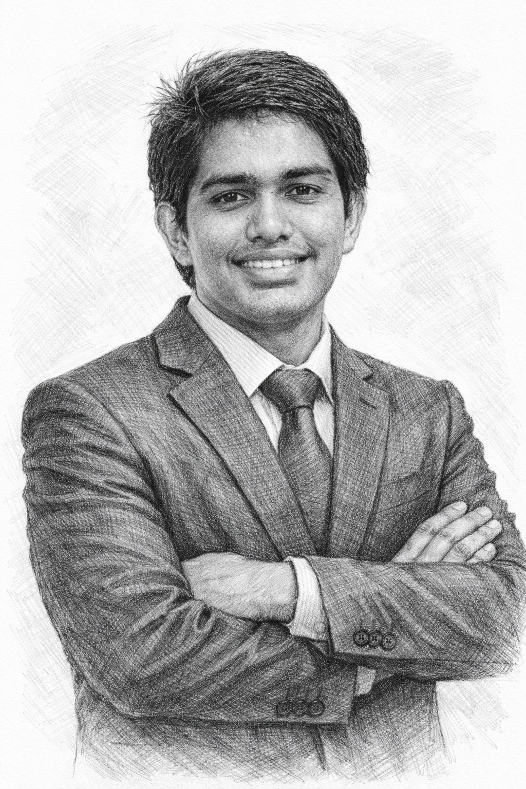 sketched image of man looking at camera with arms crossed