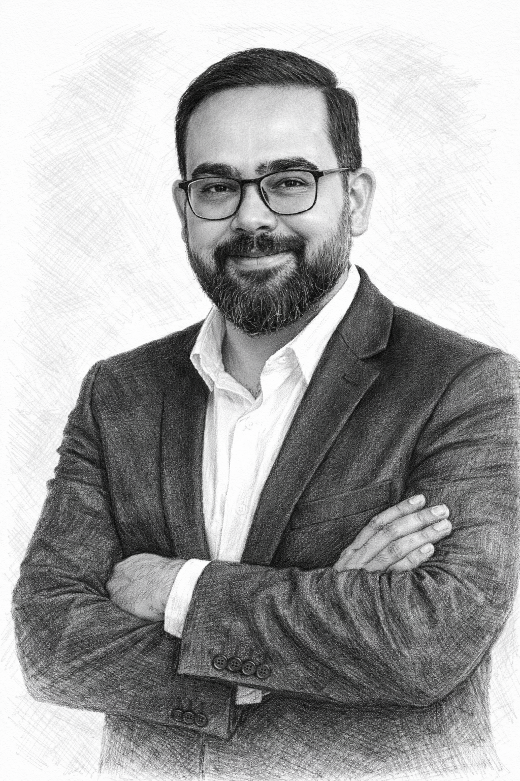 sketched image of man looking at camera with arms crossed