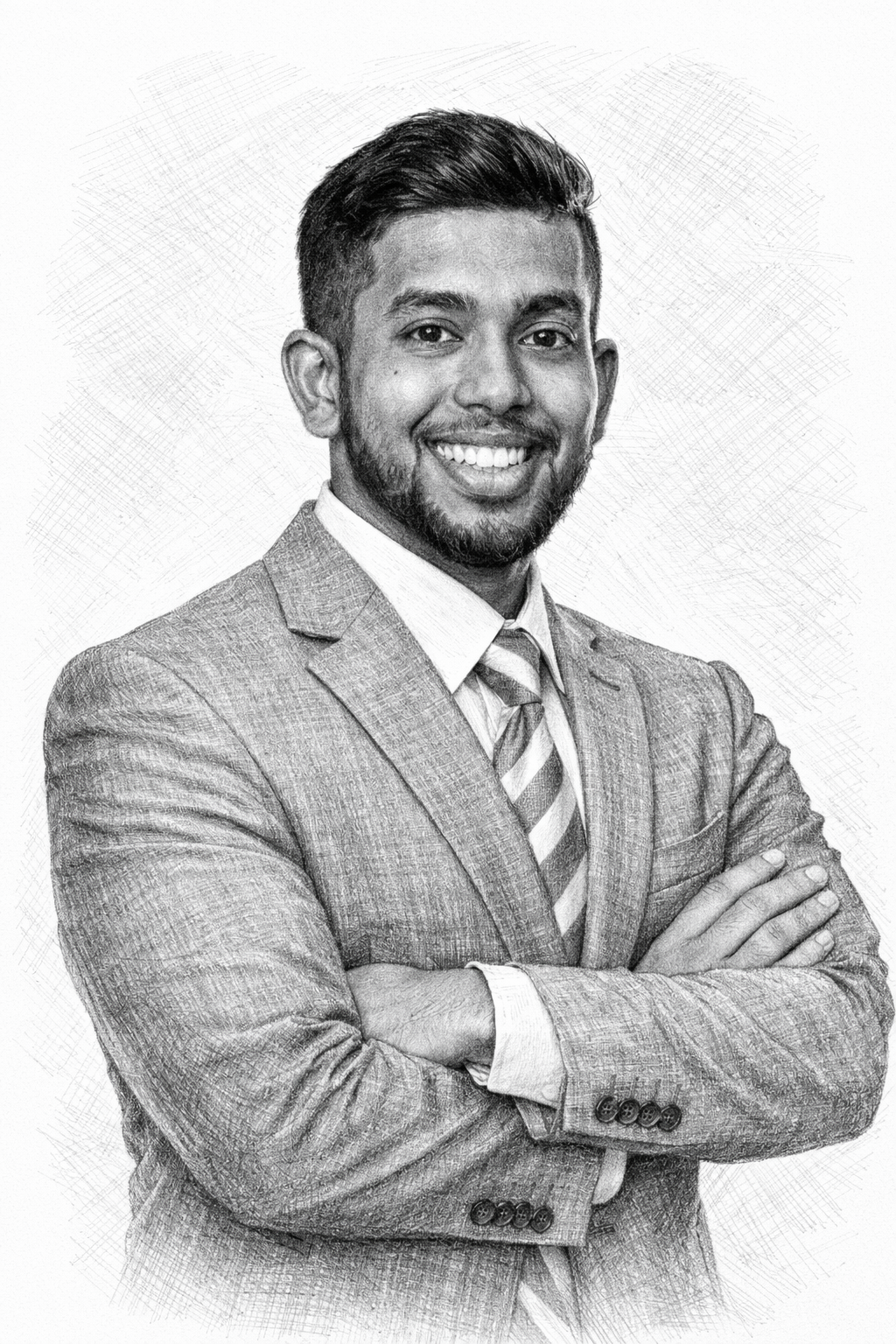 sketched image of man looking at camera with arms crossed