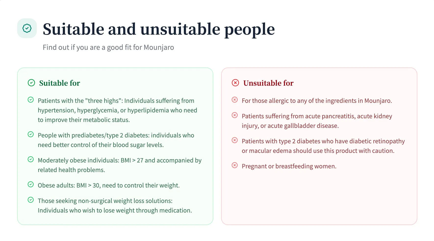 Mounjaro suitable and unsuitable users checklist