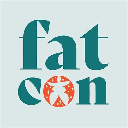 Logo with the text 'fat con' in teal, featuring an orange circle with a stylized figure and sparkles inside the letter 'o'.