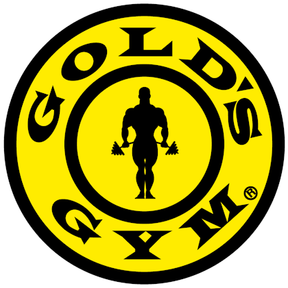 Gold's Gym logo featuring a muscular silhouette holding barbells inside a yellow circle with black text.
