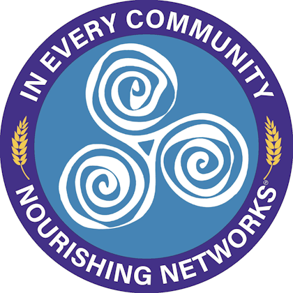 Circular blue and purple logo with three white spirals in the center and text reading 'In Every Community Nourishing Networks' around the edge.