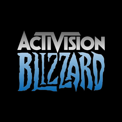 Activision Blizzard logo with 'Activision' in silver gradient and 'Blizzard' in blue stylized text on black background.
