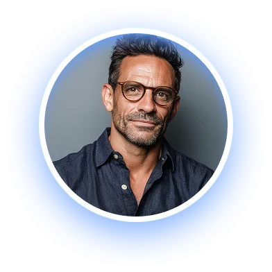 Portrait of a middle-aged man with glasses, short dark hair, and a trimmed beard wearing a dark shirt against a gray background.