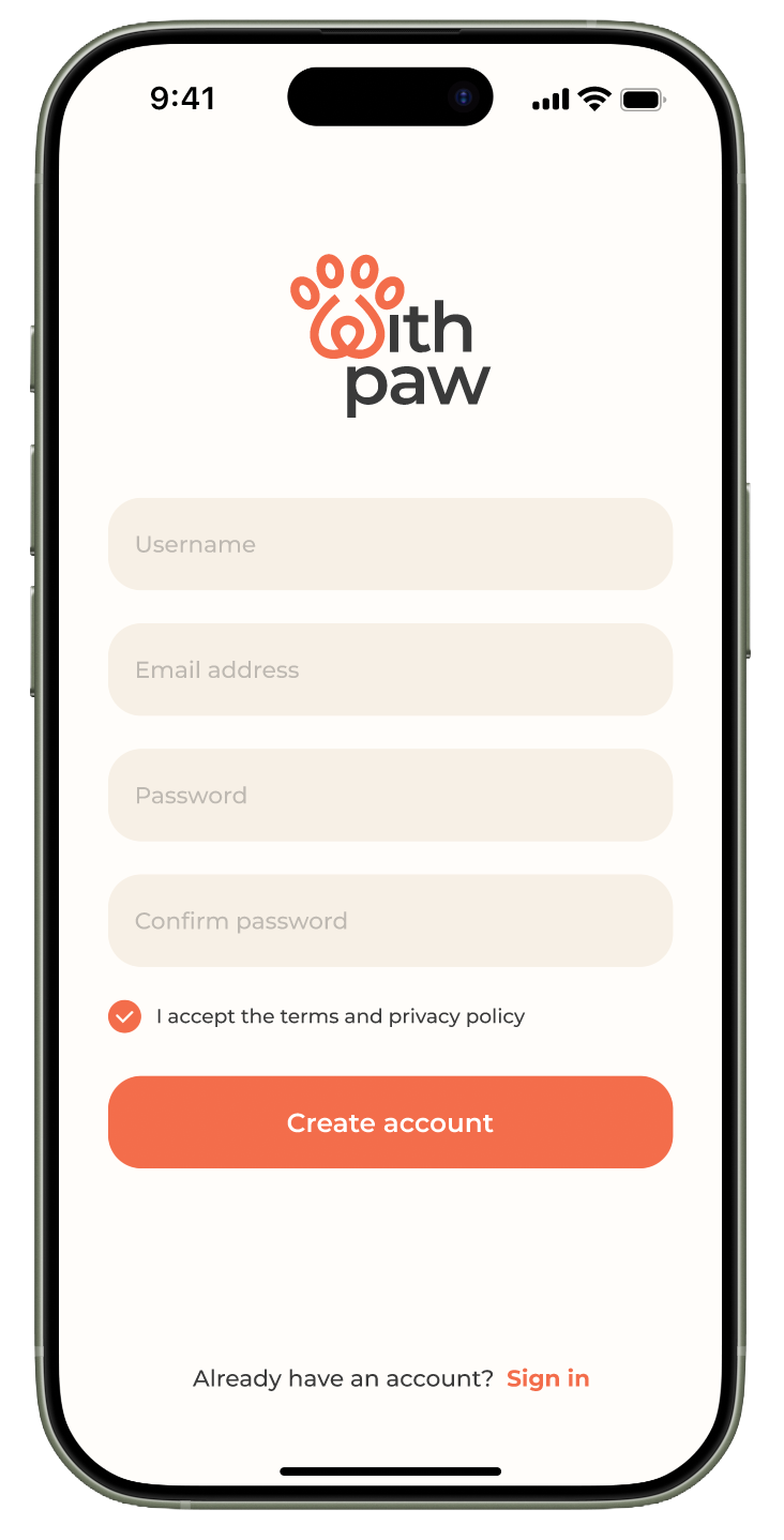 With Paw sign-up screen