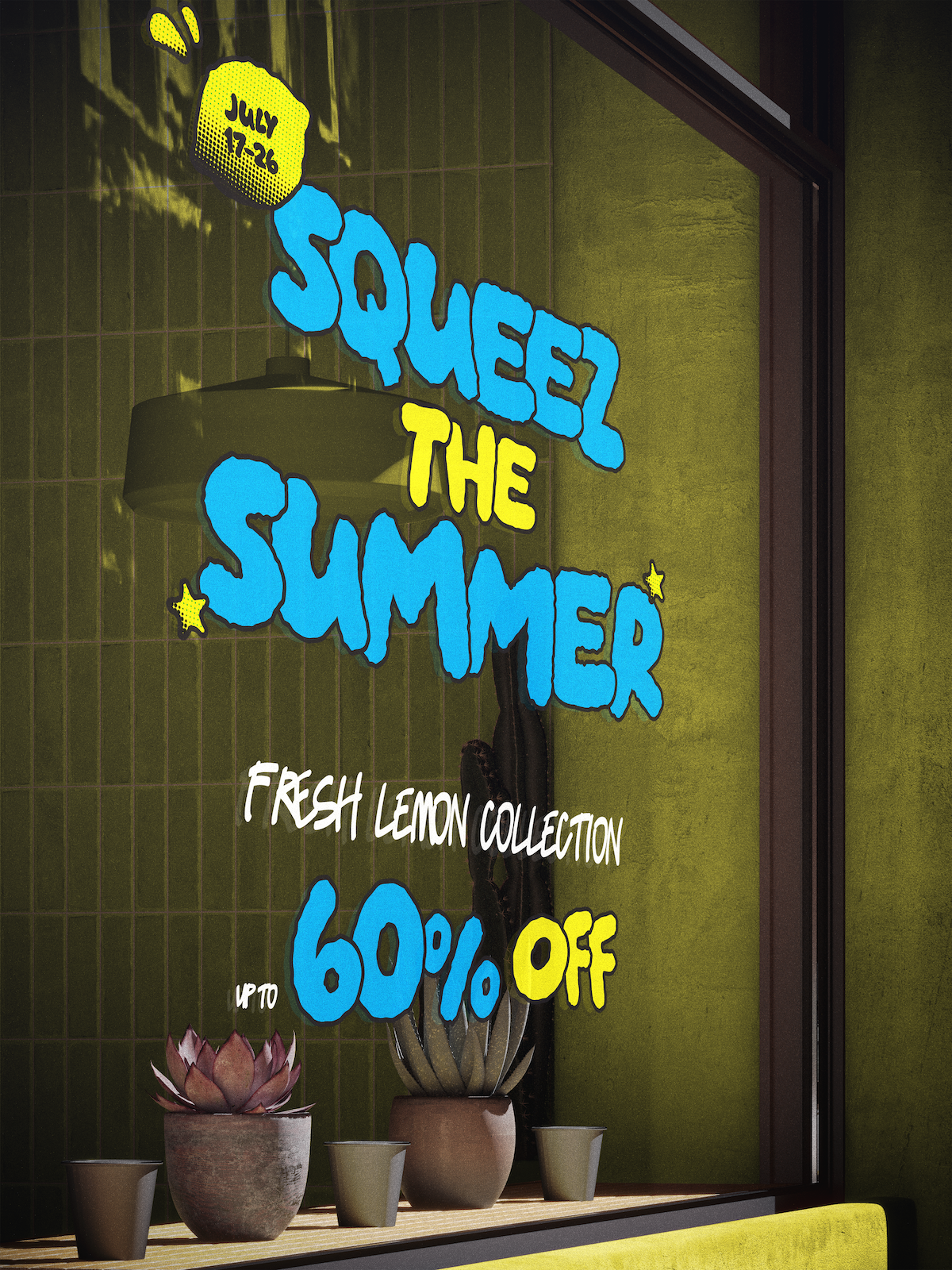 Window display with a sign reading Squeez the Summer up to 60% off fresh lemon collection.