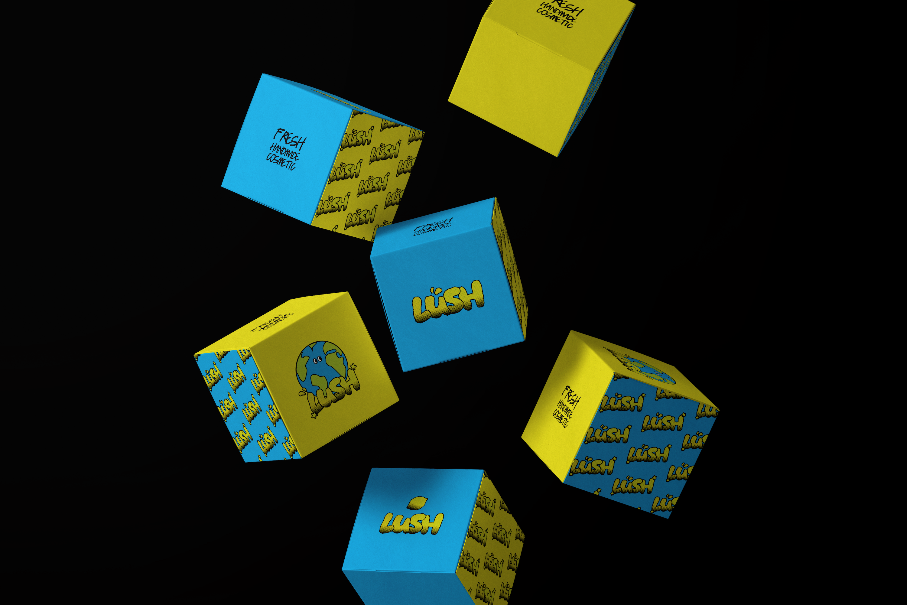 Blue and yellow Lush cosmetic product boxes floating against a black background.