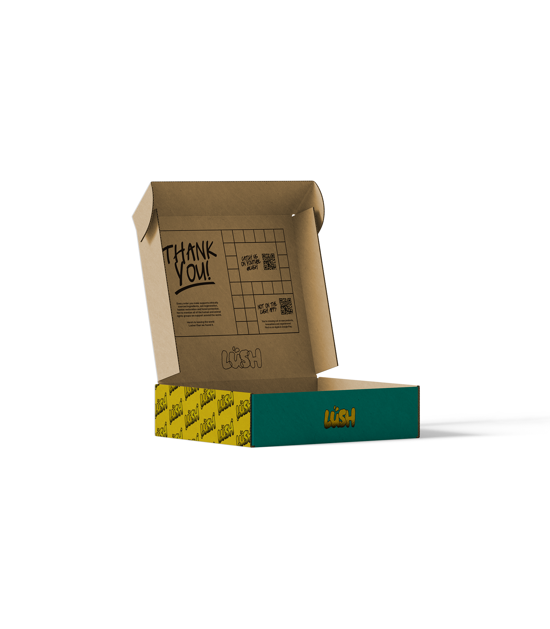 Open Lush branded cardboard box with a thank you note and QR codes inside the lid.